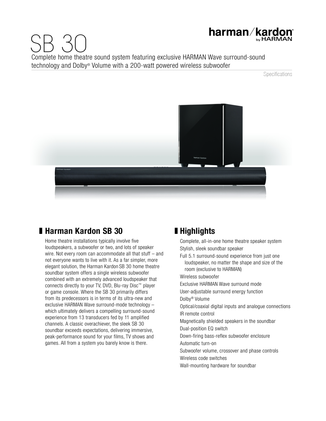 Harman-Kardon HKSB30BLK, SB 30 owner manual Multichannel active soundbar speaker system 