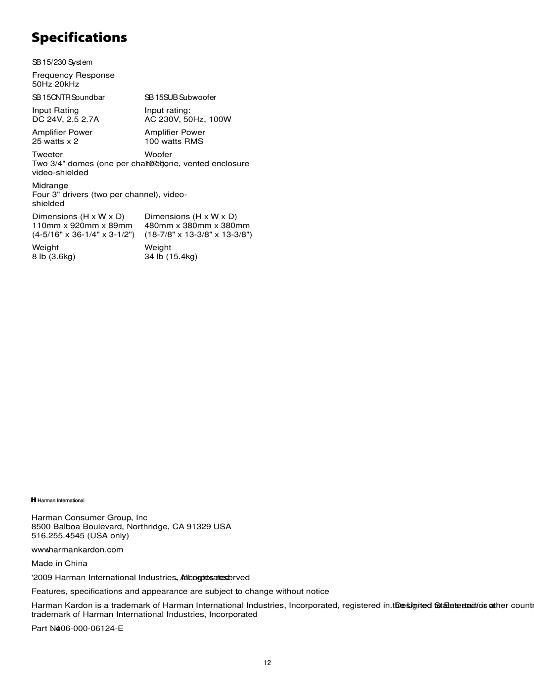 Harman-Kardon SB15/230 manual Specifications, SB 15CNTR Soundbar 