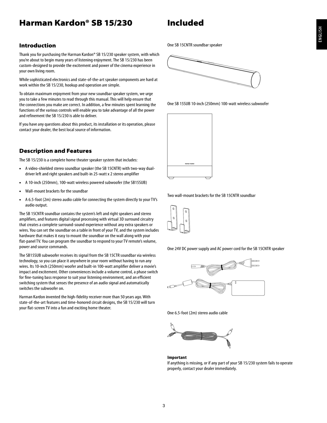 Harman-Kardon SB15/230 manual Harman Kardon SB 15/230, Included, Introduction, Description and Features 