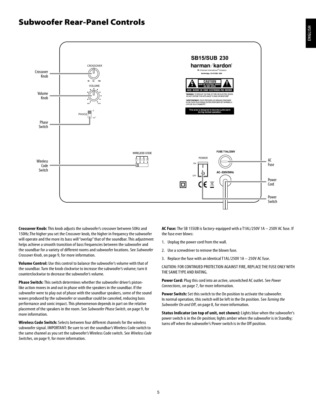 Harman-Kardon SB15/230 manual Subwoofer Rear-Panel Controls, Cord 