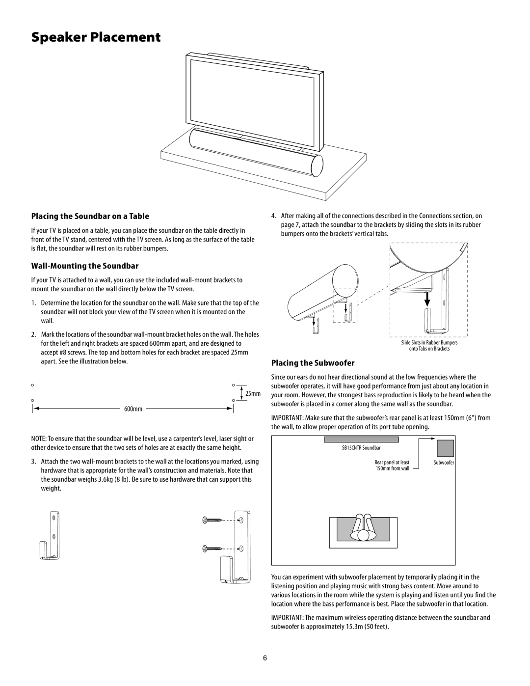 Harman-Kardon SB15/230 manual Speaker Placement, Placing the Soundbar on a Table, Wall-Mounting the Soundbar 