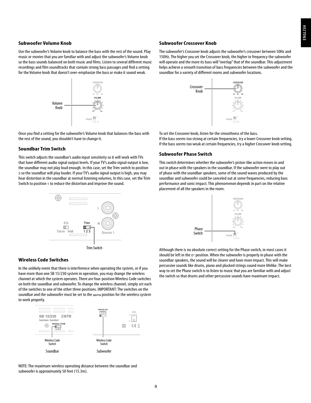 Harman-Kardon SB15/230 manual Subwoofer Volume Knob, Subwoofer Crossover Knob, Soundbar Trim Switch, Wireless Code Switches 