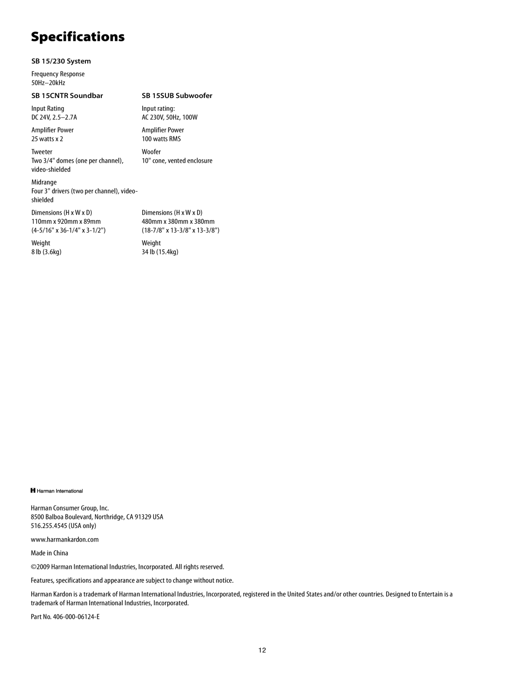 Harman-Kardon SB15/230 manual Specifications, SB 15/230 System, SB 15CNTR Soundbar, SB 15SUB Subwoofer 