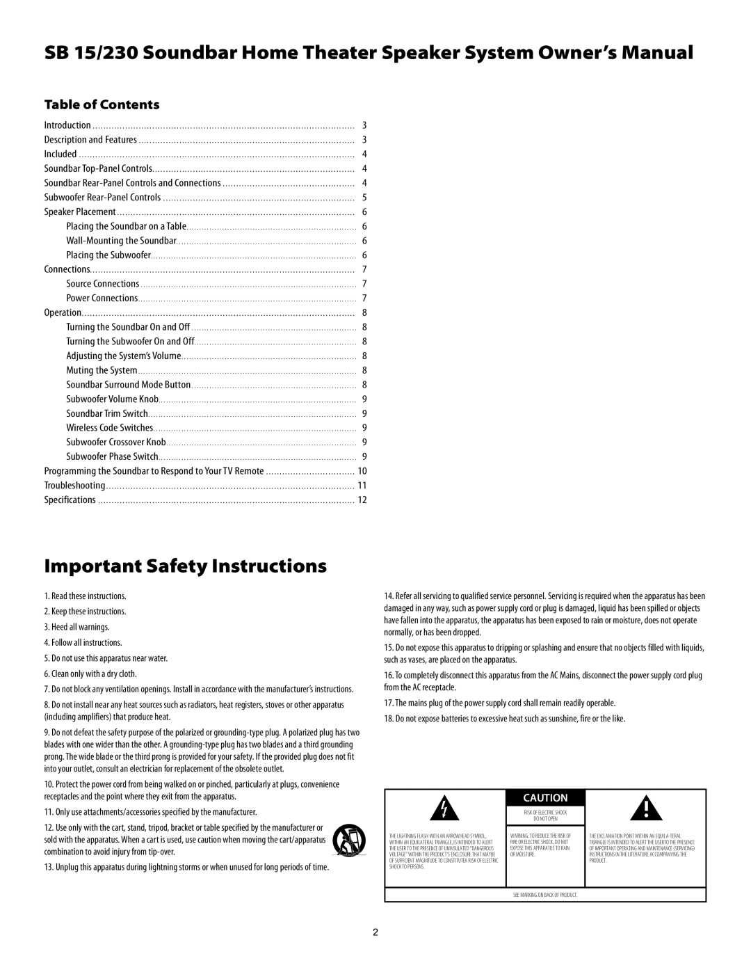 Harman-Kardon SB15/230 manual Important Safety Instructions, Table of Contents 