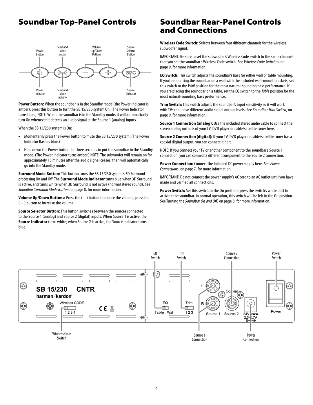 Harman-Kardon SB15/230 manual Soundbar Top-PanelControls, Soundbar Rear-PanelControls and Connections 