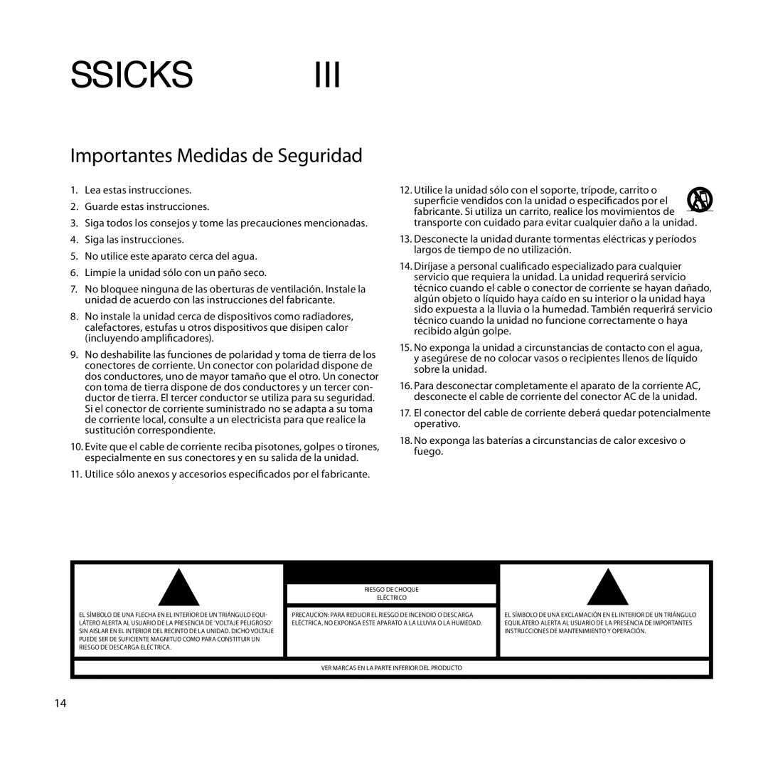 Harman-Kardon SoundSticks III Wireless setup guide Importantes Medidas de Seguridad, Precaución, Riesgo DE Choque Eléctrico 