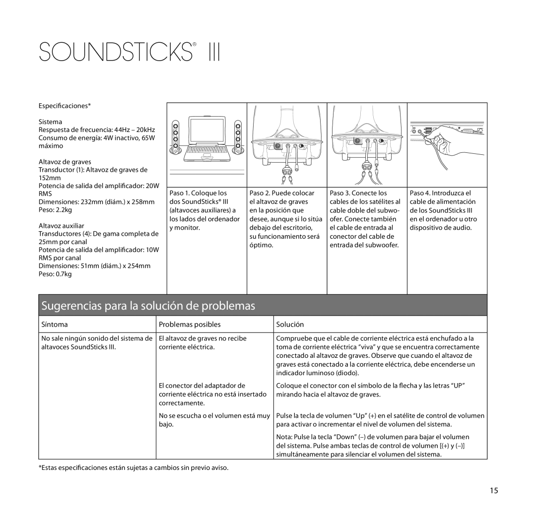 Harman-Kardon SoundSticks III setup guide Sugerencias para la solución de problemas, Síntoma Problemas posibles Solución 