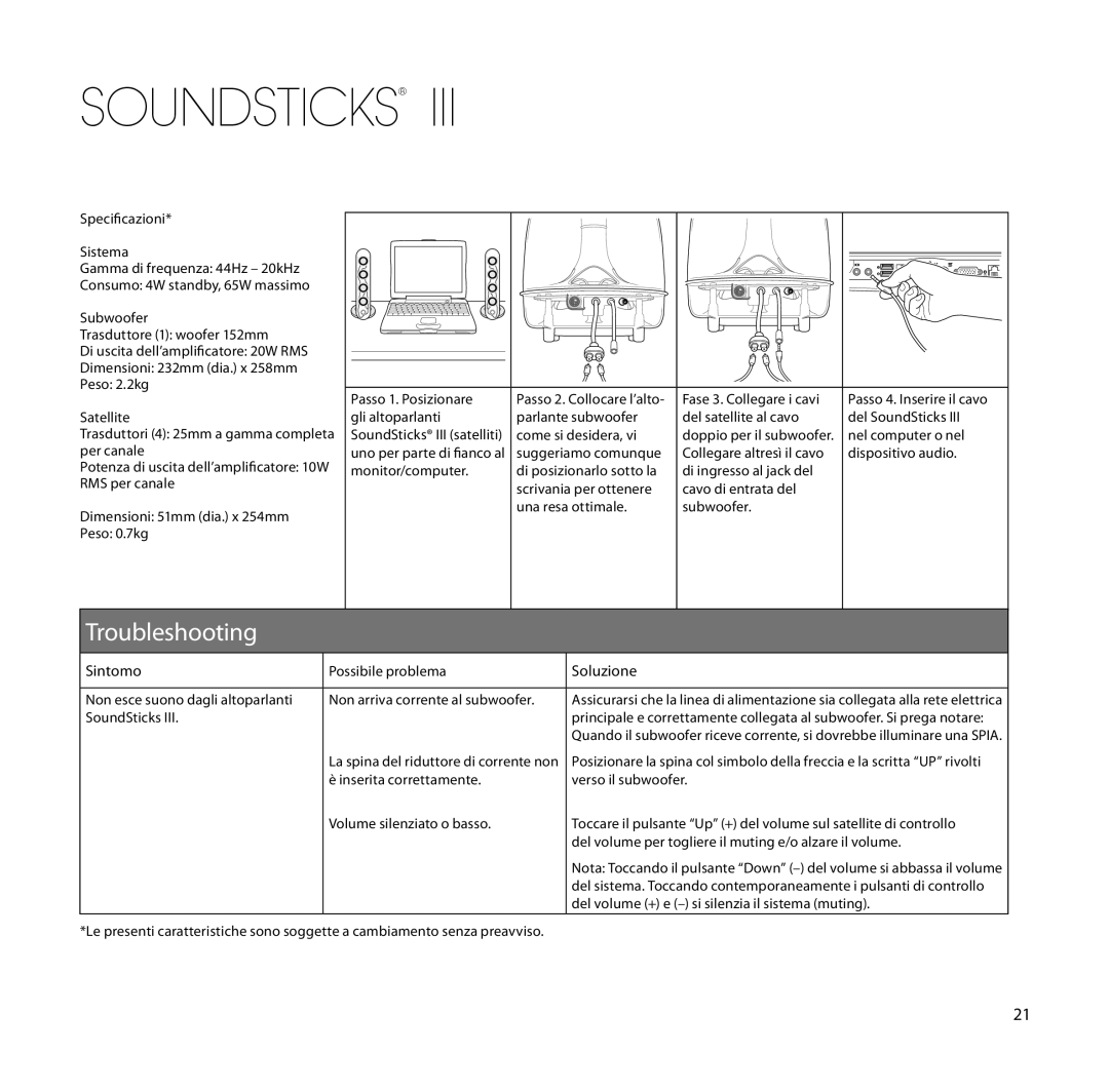 Harman-Kardon SoundSticks III Wireless setup guide Sintomo, Soluzione 