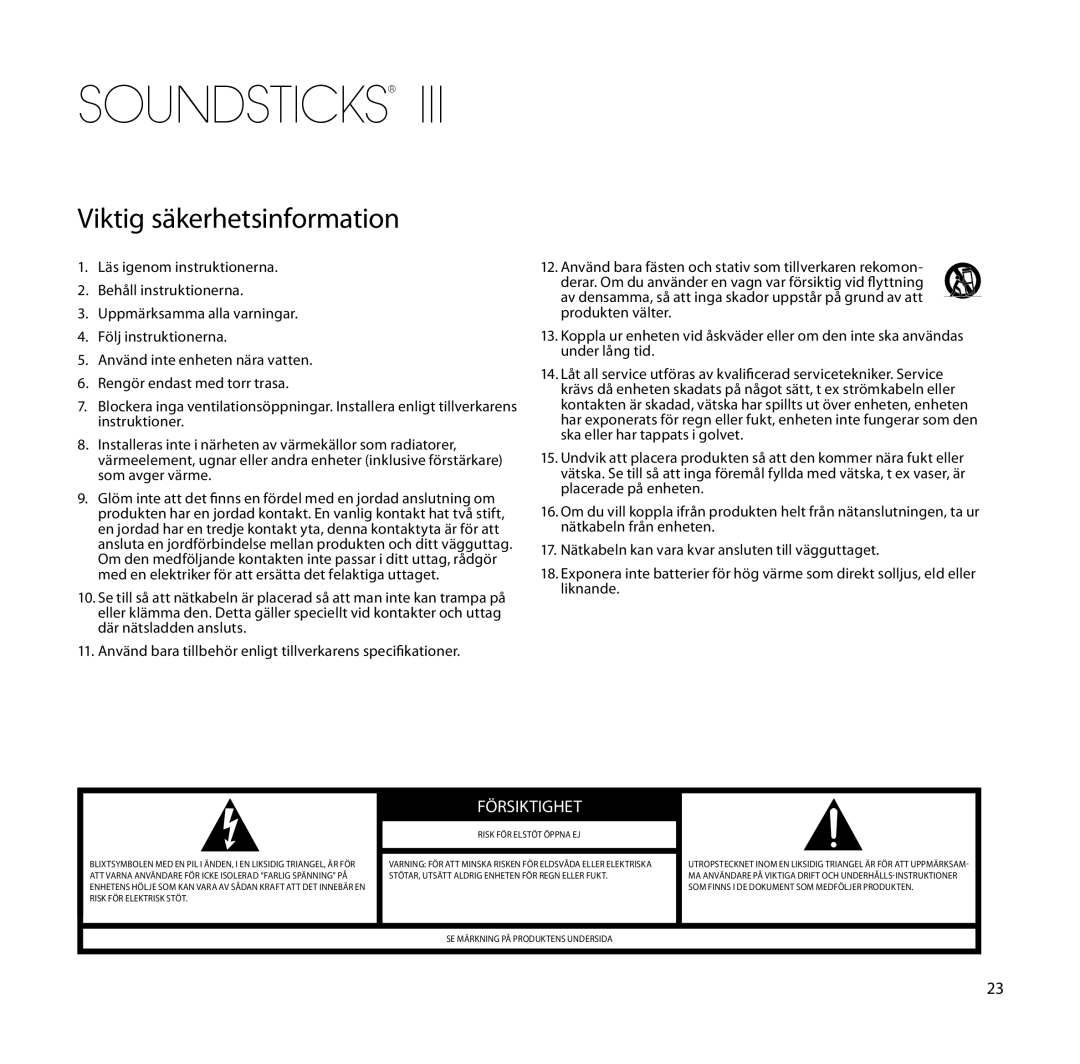 Harman-Kardon SoundSticks III setup guide Viktig säkerhetsinformation, Försiktighet, Risk FÖR Elstöt Öppna EJ 