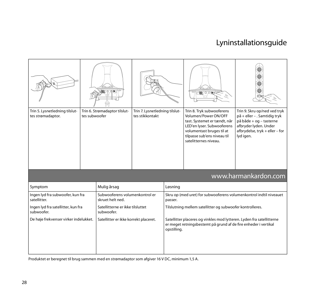 Harman-Kardon SoundSticks III Wireless setup guide Lyninstallationsguide, Satellitter er ikke korrekt placeret, Opstilling 