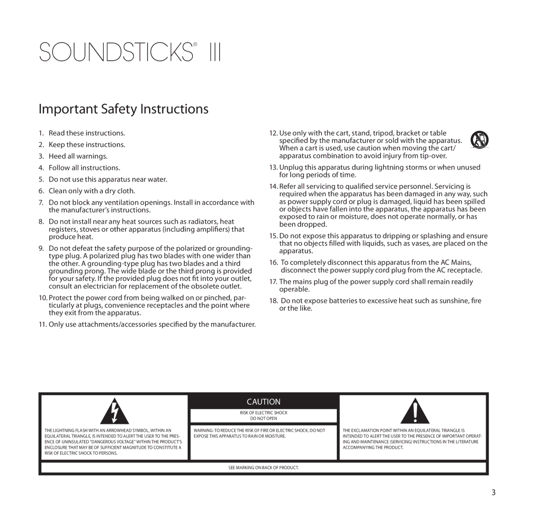 Harman-Kardon SoundSticks III Wireless setup guide Important Safety Instructions, Risk of Electric Shock Do not Open 