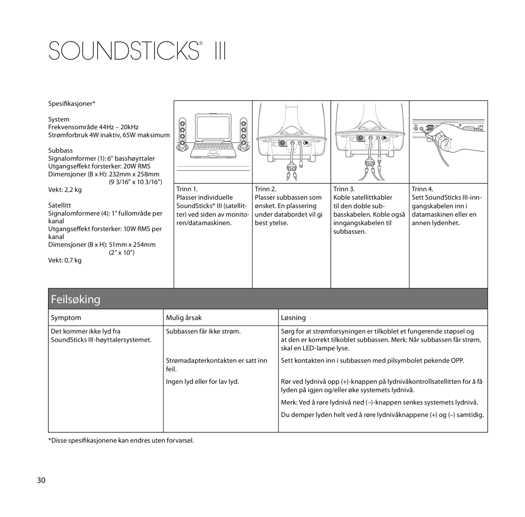 Harman-Kardon SoundSticks III Wireless setup guide Feilsøking, Symptom Mulig årsak Løsning 