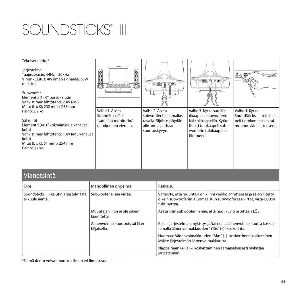 Harman-Kardon SoundSticks III Wireless setup guide Vianetsintä, Oire Mahdollinen ongelma Ratkaisu 