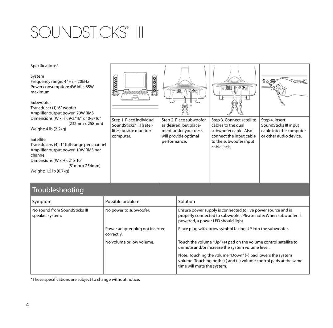 Harman-Kardon SoundSticks III Wireless setup guide Troubleshooting, Symptom Possible problem Solution 