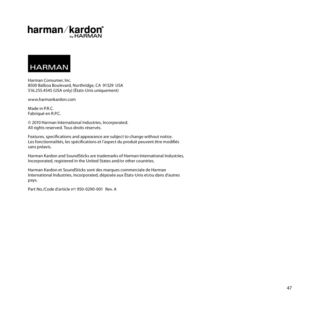 Harman-Kardon SoundSticks III Wireless setup guide Harman Consumer, Inc, Made in P.R.C Fabriqué en R.P.C 