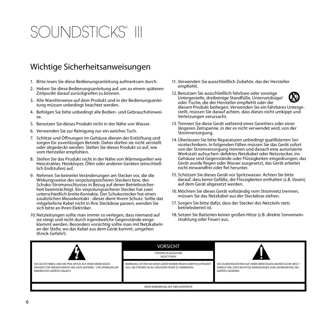 Harman-Kardon SoundSticks III Wireless setup guide Wichtige Sicherheitsanweisungen, Vorsicht, Stromschlaggefahr Nicht Ffnen 