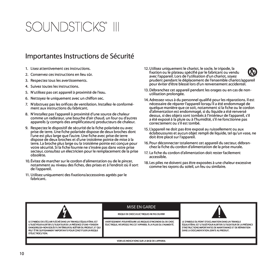 Harman-Kardon SoundSticks III Wireless setup guide Importantes Instructions de Sécurité, Mise En Garde, Soundsticks 
