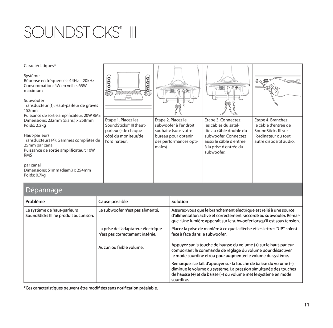 Harman-Kardon SoundSticks III Wireless setup guide Dépannage, Soundsticks, Problème, Cause possible, Solution 