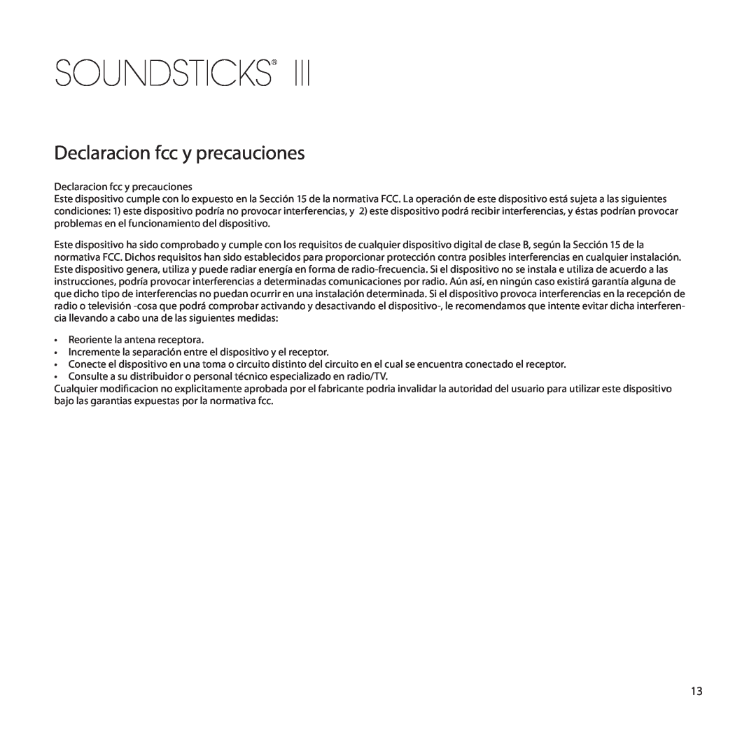 Harman-Kardon SoundSticks III Wireless setup guide Declaracion fcc y precauciones, Soundsticks 