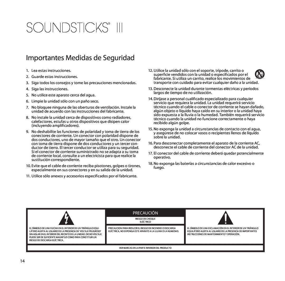 Harman-Kardon SoundSticks III Wireless setup guide Importantes Medidas de Seguridad, Precaución, Soundsticks 