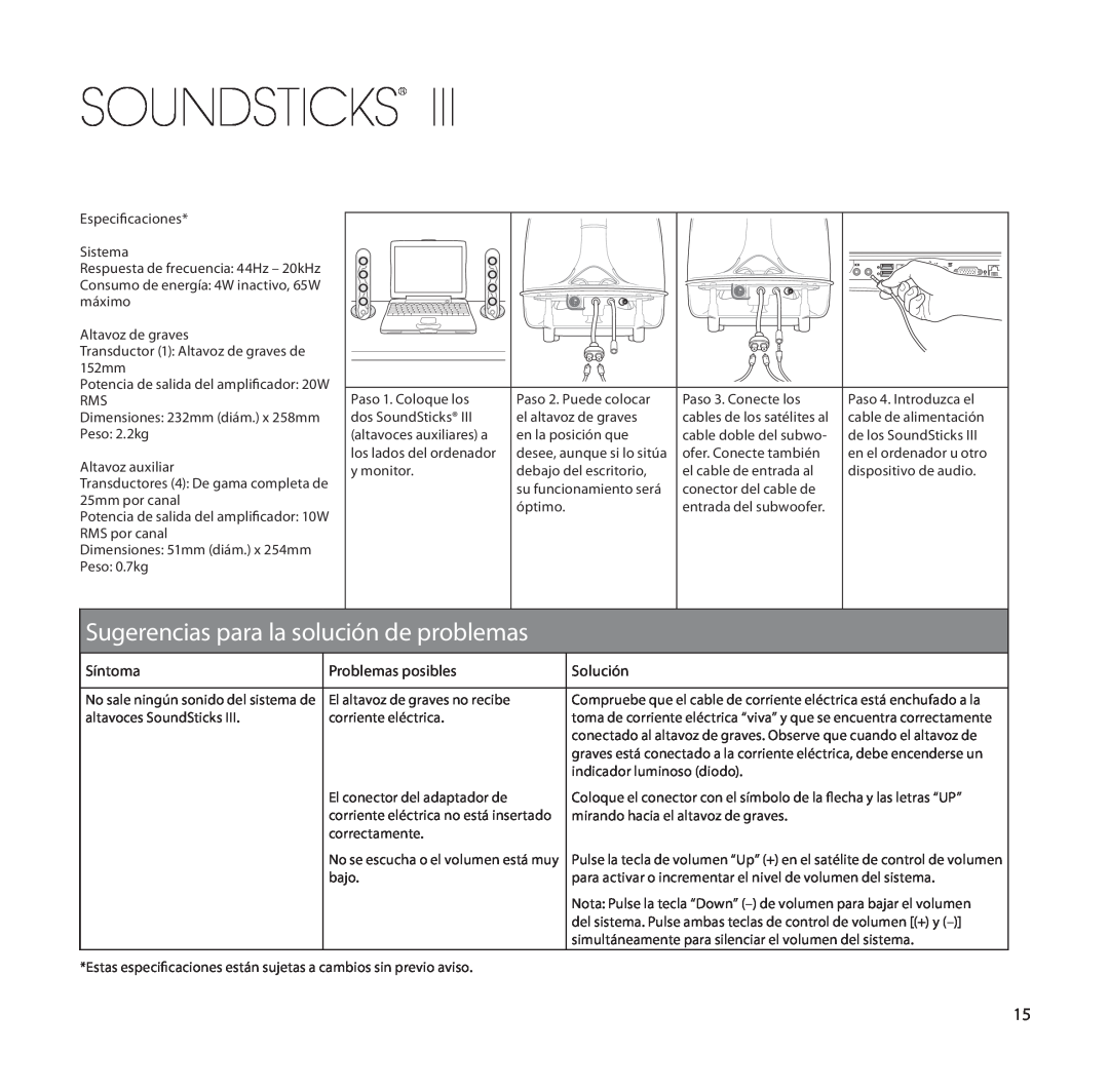 Harman-Kardon SoundSticks III Sugerencias para la solución de problemas, Soundsticks, Síntoma, Problemas posibles 
