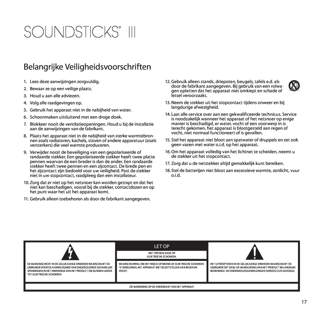 Harman-Kardon SoundSticks III Wireless setup guide Belangrijke Veiligheidsvoorschriften, Let Op, Soundsticks 