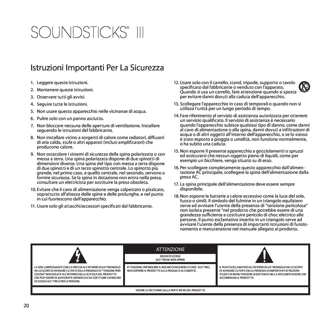 Harman-Kardon SoundSticks III Wireless setup guide Attenzione, Soundsticks, Istruzioni Importanti Per La Sicurezza 