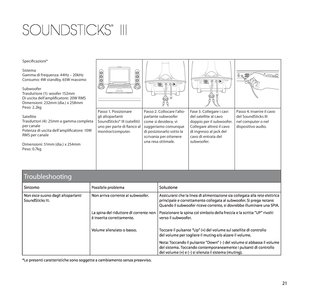 Harman-Kardon SoundSticks III Wireless setup guide Soundsticks, Troubleshooting, Sintomo, Soluzione 