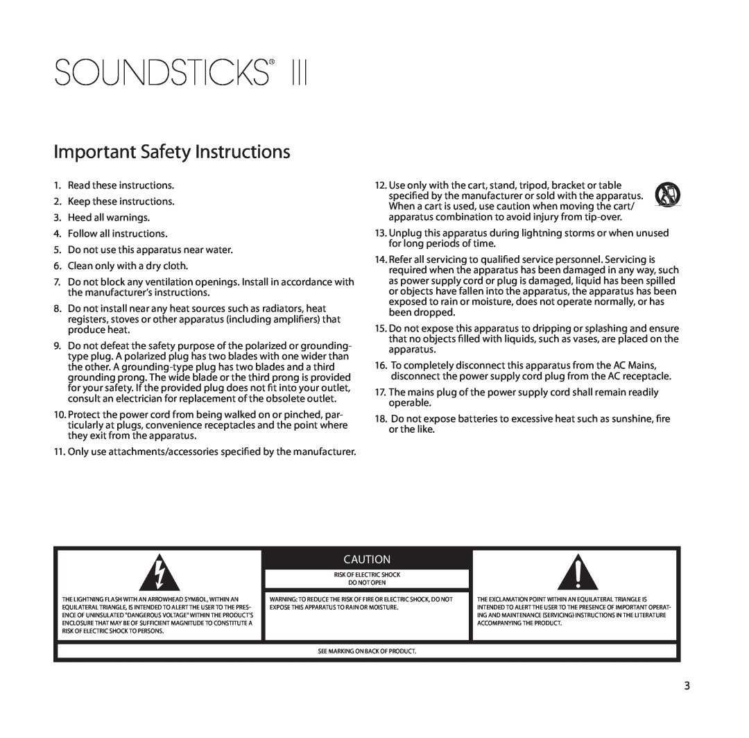 Harman-Kardon SoundSticks III Wireless setup guide Important Safety Instructions, Soundsticks 