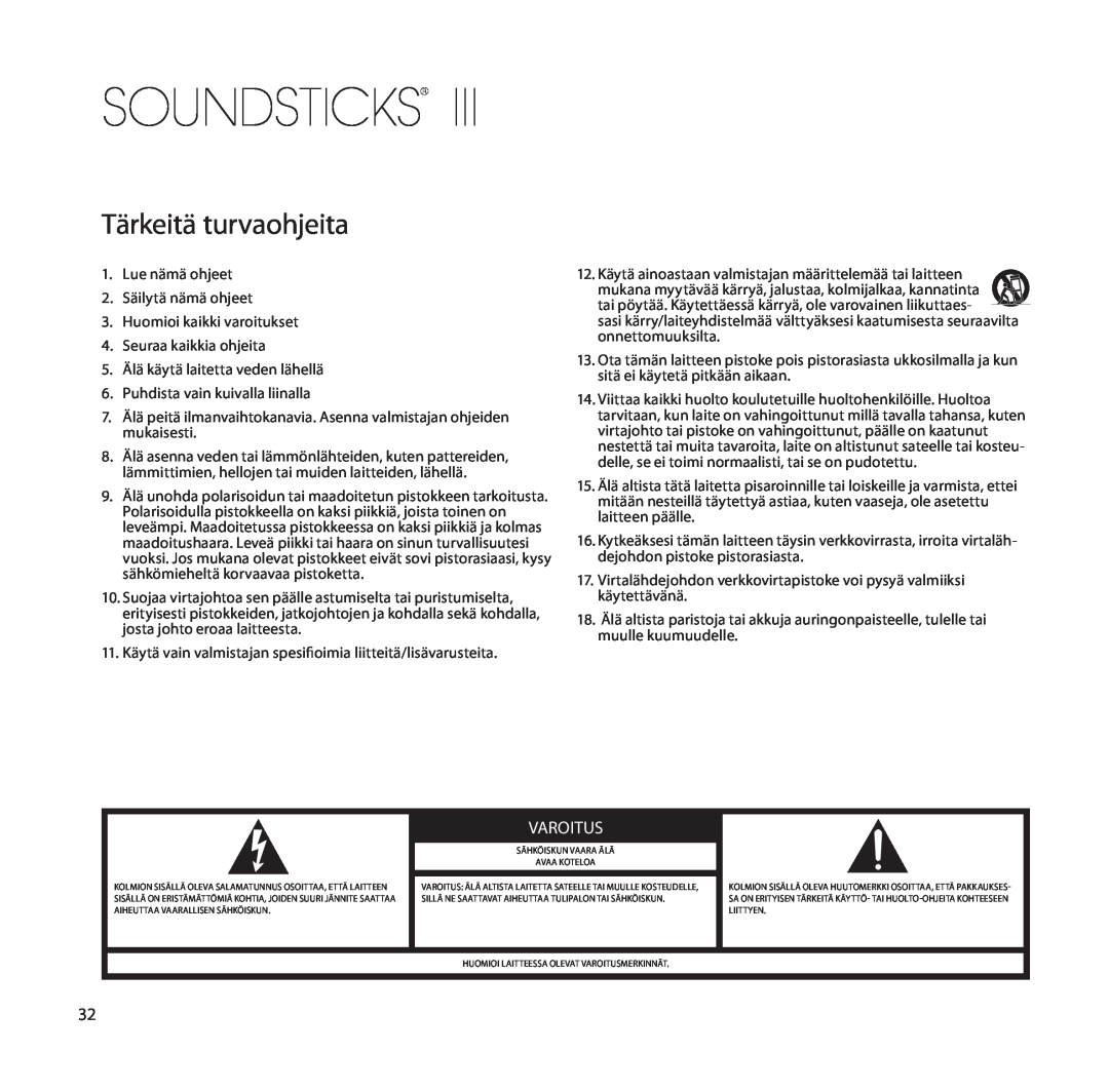 Harman-Kardon SoundSticks III Wireless setup guide Tärkeitä turvaohjeita, Varoitus, Soundsticks 