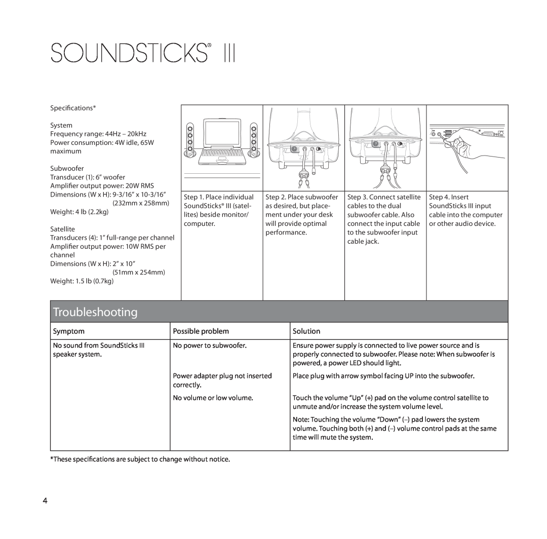 Harman-Kardon SoundSticks III Wireless setup guide Troubleshooting, Soundsticks, Symptom, Possible problem, Solution 