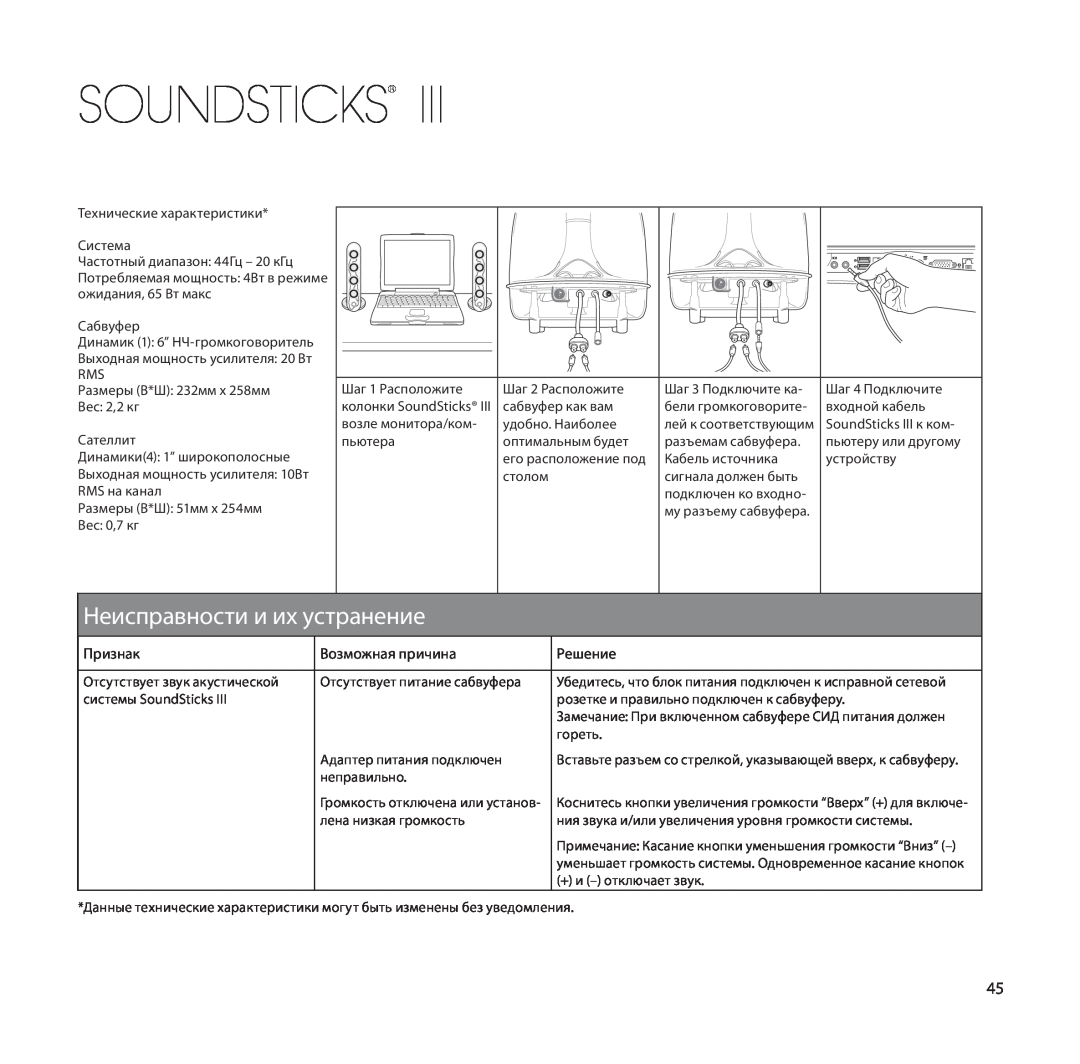 Harman-Kardon SoundSticks III setup guide Неисправности и их устранение, Soundsticks, Признак, Возможная причина, Решение 