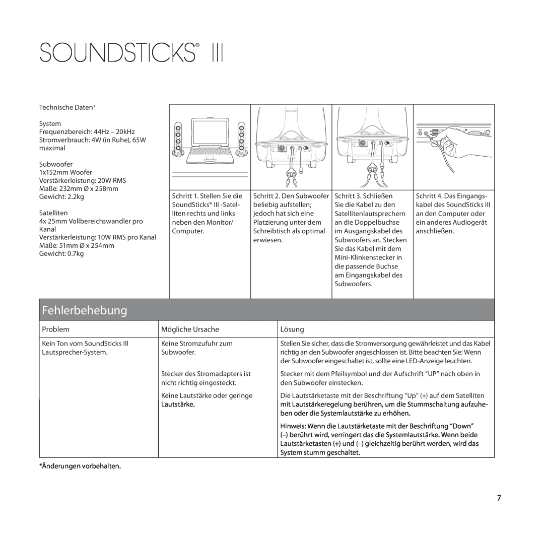Harman-Kardon SoundSticks III Wireless setup guide Fehlerbehebung, Soundsticks, Problem, Mögliche Ursache, Lösung 