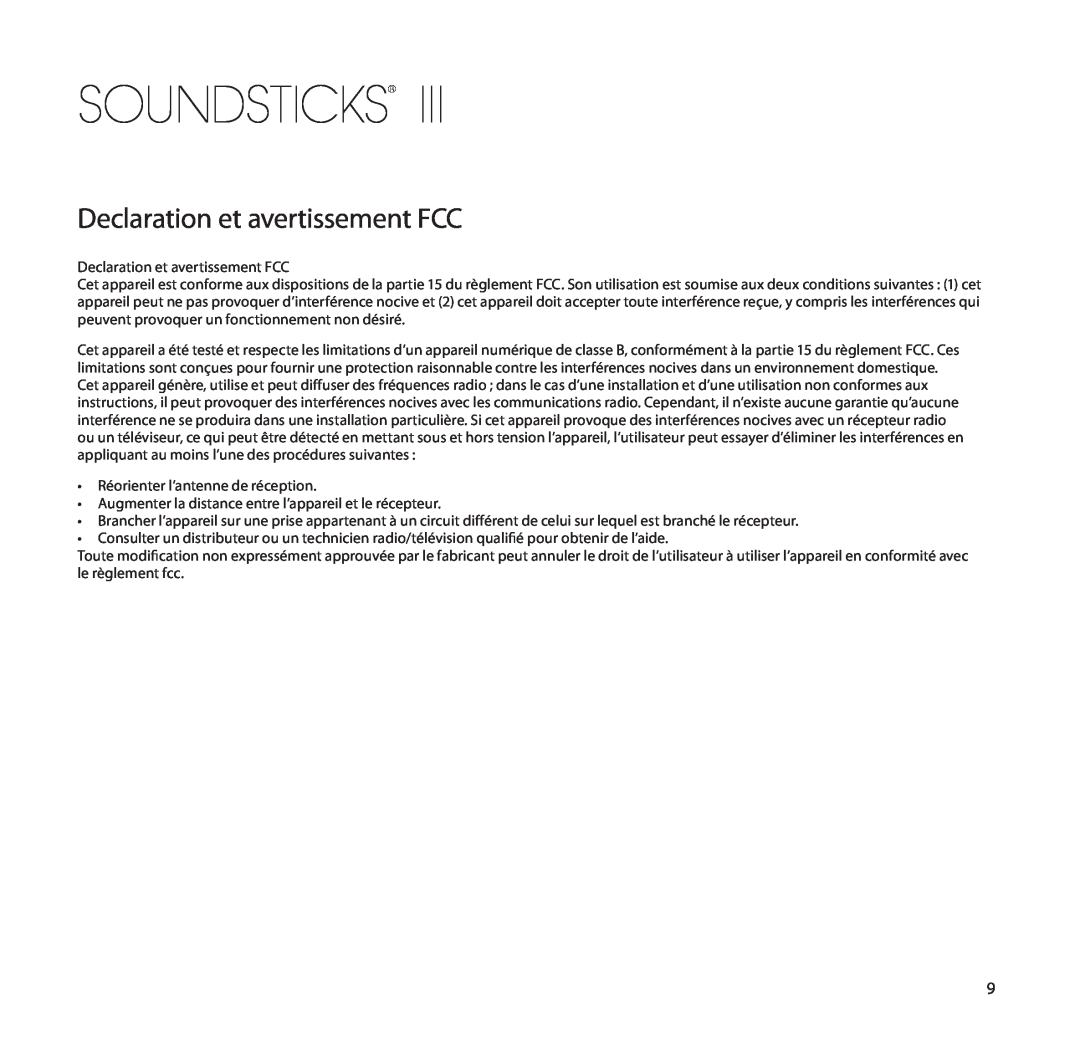 Harman-Kardon SoundSticks III Wireless setup guide Declaration et avertissement FCC, Soundsticks 