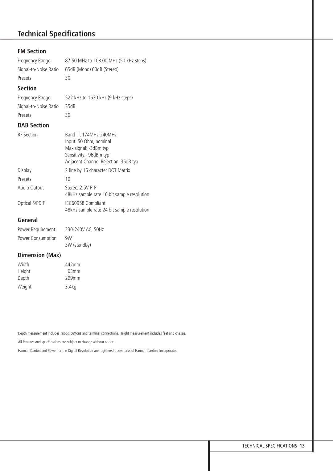 Harman-Kardon TU 970 owner manual Technical Specifications 