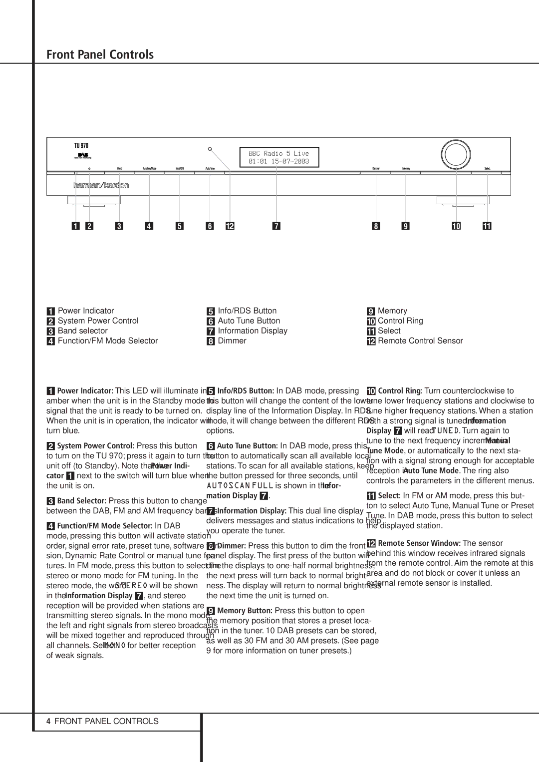 Harman-Kardon TU 970 Front Panel Controls, 3 4 5 @, Info/RDS Button Auto Tune Button Information Display Dimmer 