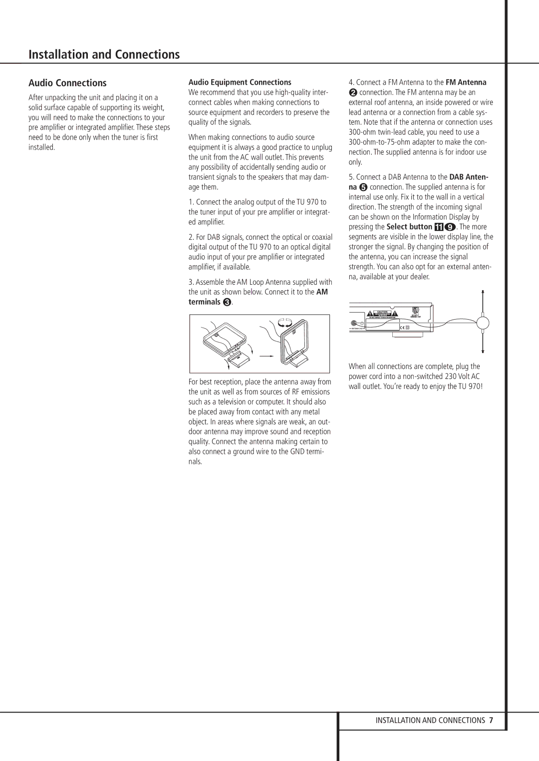 Harman-Kardon TU 970 owner manual Installation and Connections, Audio Connections, Audio Equipment Connections 