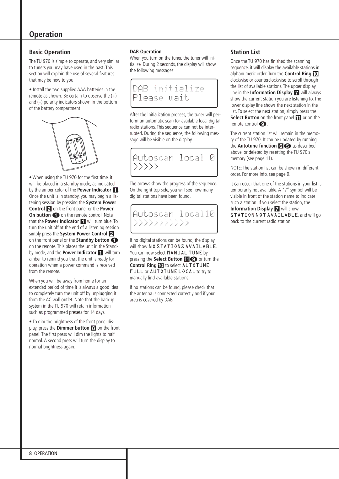 Harman-Kardon TU 970 owner manual Basic Operation, Station List, DAB Operation 