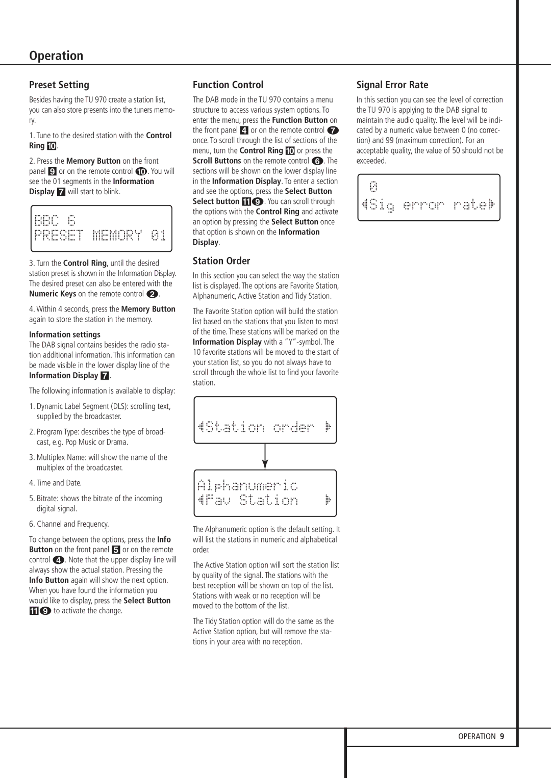 Harman-Kardon TU 970 owner manual Preset Setting, Function Control, Station Order, Signal Error Rate, Information settings 