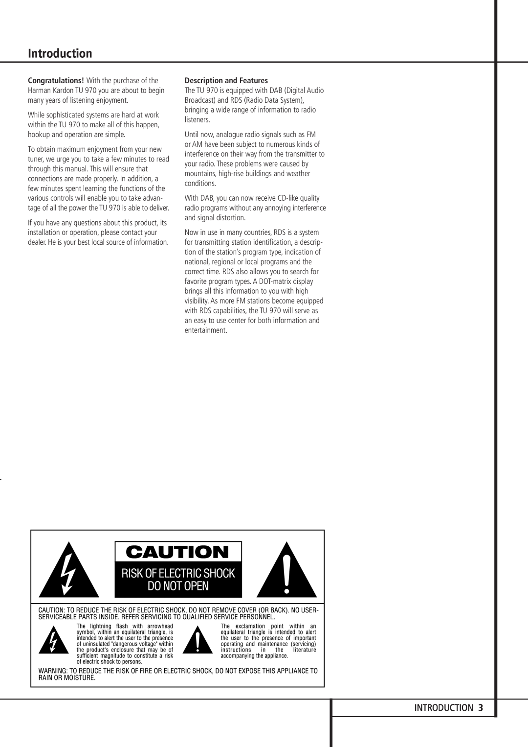 Harman-Kardon TU 970 owner manual Introduction, Description and Features 