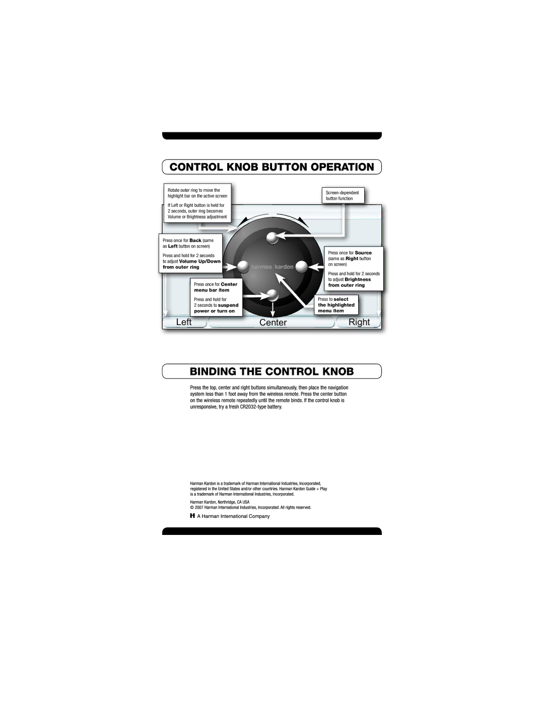 Harman-Kardon Universal Remote manual Binding the Control Knob, To adjust Volume Up/Down from outer ring, Power or turn on 