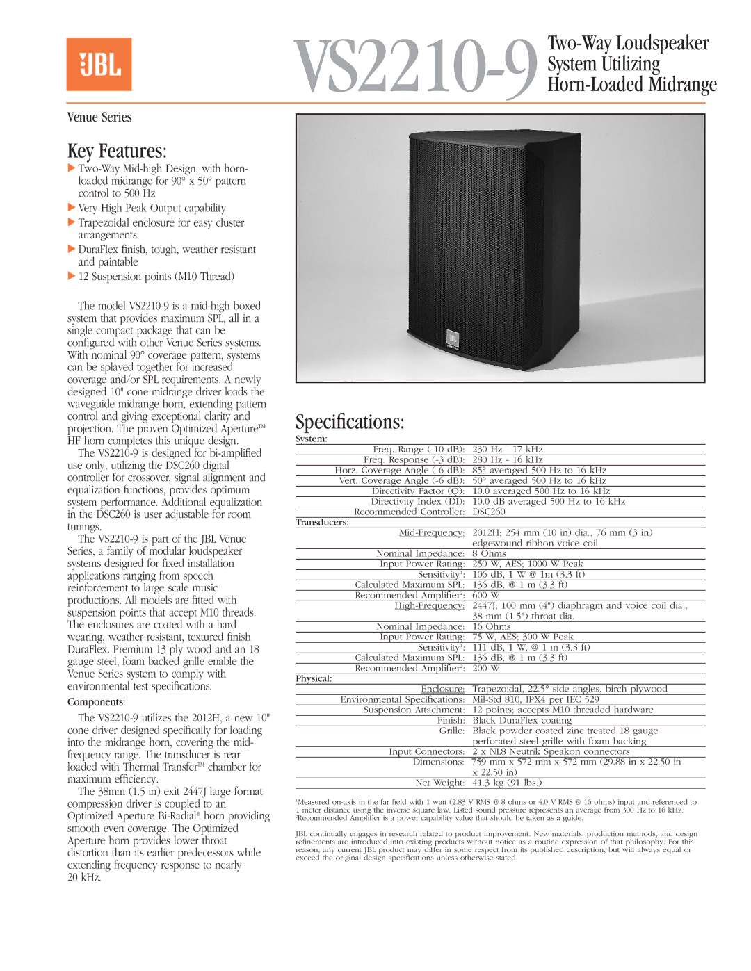 Harman-Kardon VS2210-9 specifications System Utilizing Horn-Loaded Midrange, Key Features, Speciﬁcations 