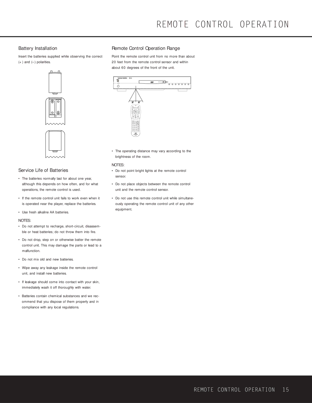 Harman-Kardon WLD8.810.119-1 owner manual Remote Control Operation, Battery Installation, Service Life of Batteries 