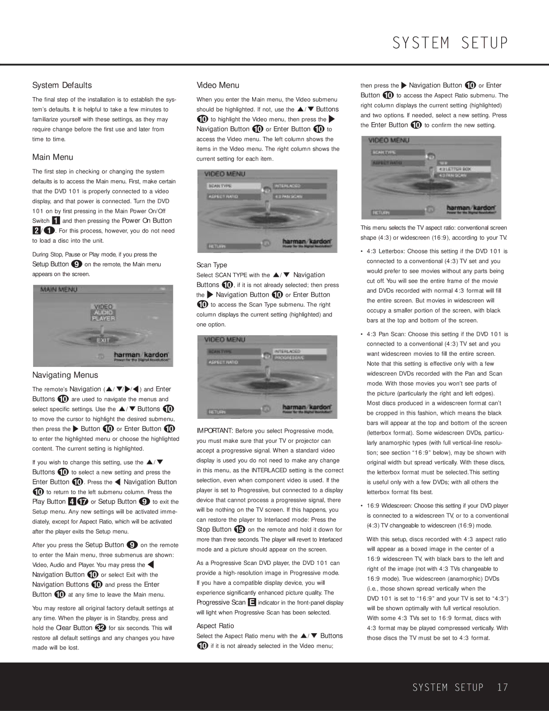 Harman-Kardon WLD8.810.119-1 owner manual System Setup, System Defaults, Main Menu, Video Menu, Navigating Menus 