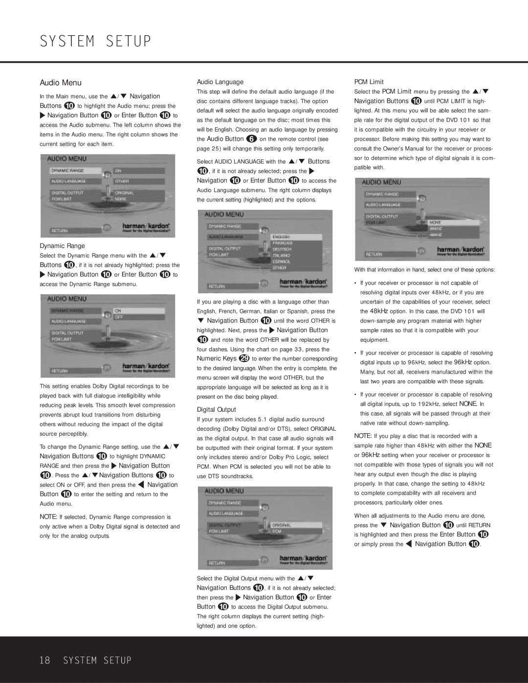 Harman-Kardon WLD8.810.119-1 owner manual Audio Menu, Audio Language, PCM Limit Dynamic Range, Digital Output 