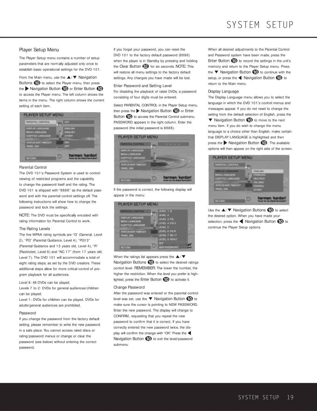 Harman-Kardon WLD8.810.119-1 owner manual Player Setup Menu 