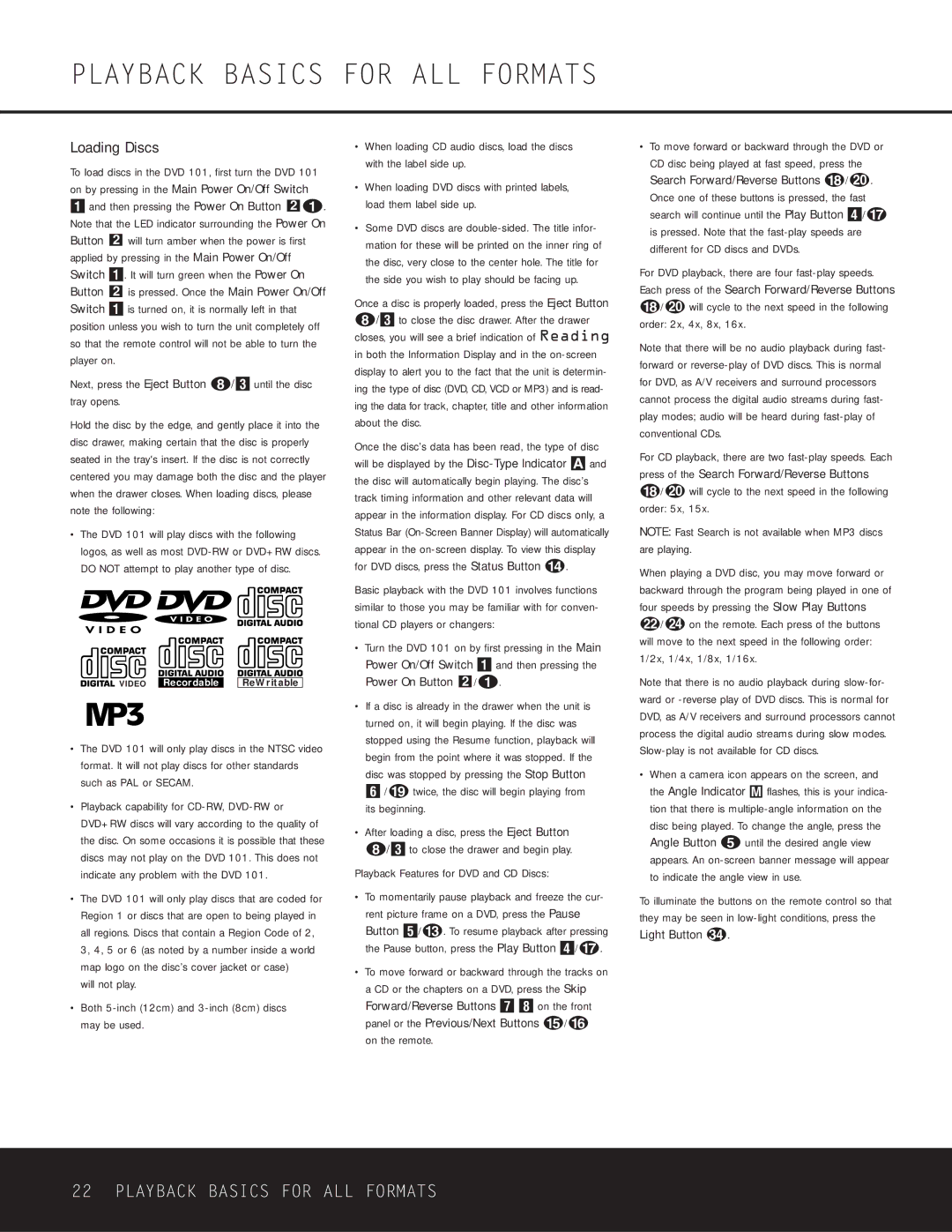 Harman-Kardon WLD8.810.119-1 Playback Basics for ALL Formats, Loading Discs, Playback Features for DVD and CD Discs 