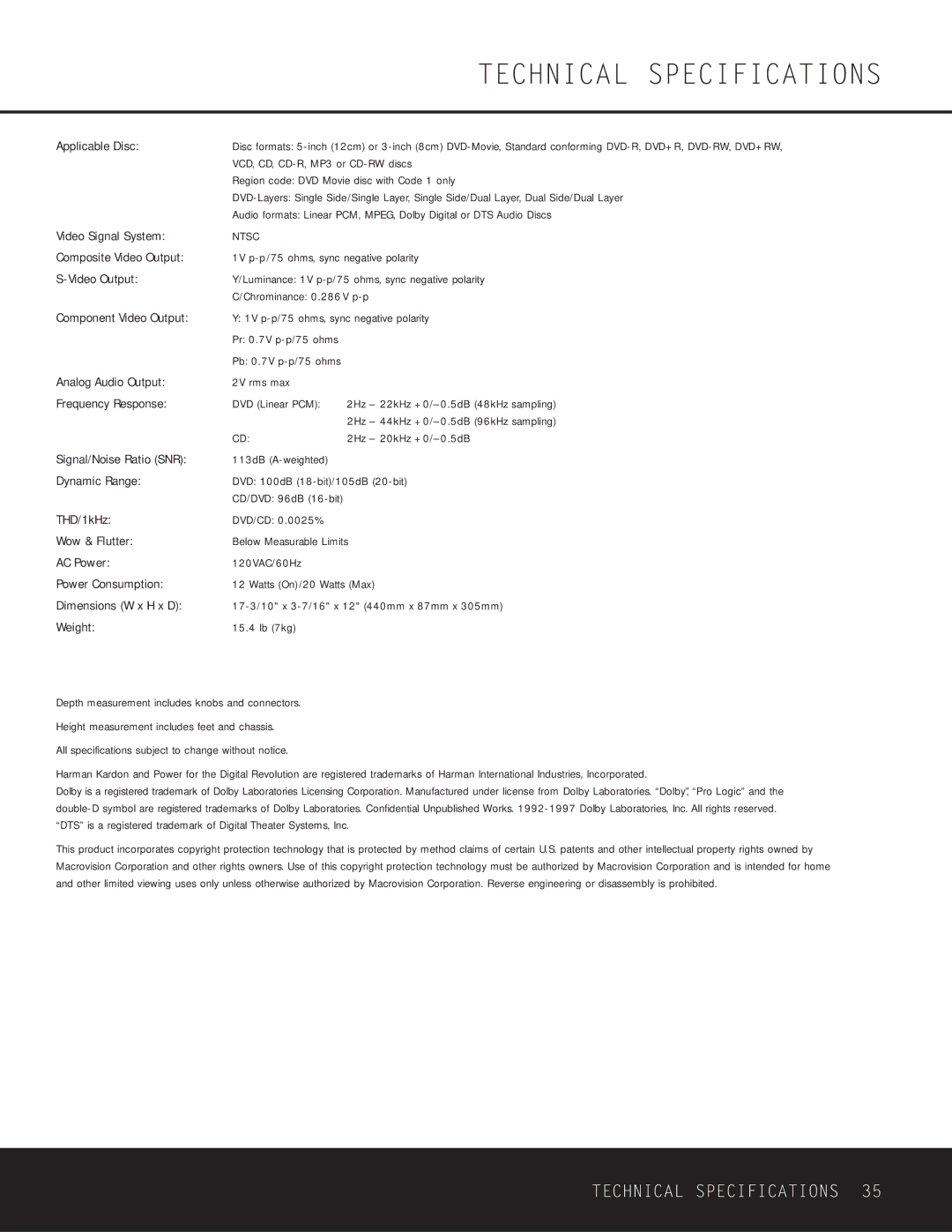 Harman-Kardon WLD8.810.119-1 owner manual Technical Specifications 