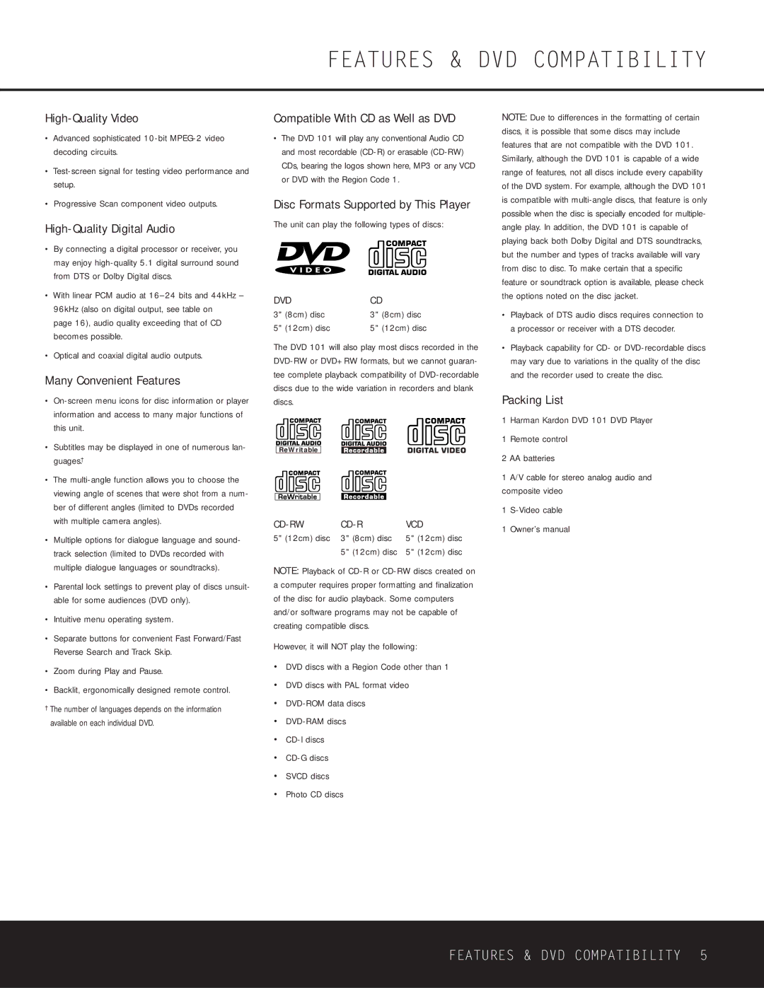 Harman-Kardon WLD8.810.119-1 owner manual Features & DVD Compatibility 