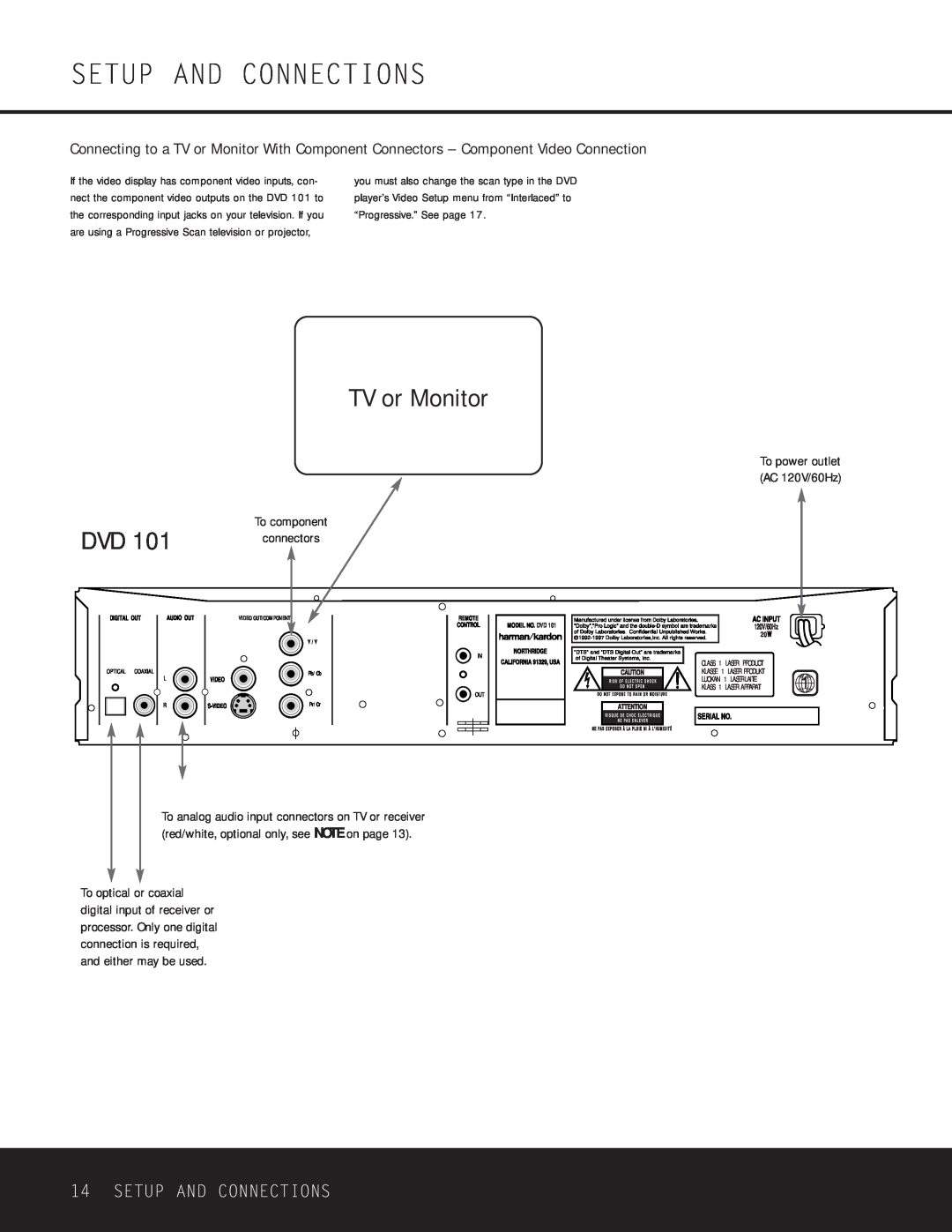 Harman-Kardon WLD8.810.119-1 owner manual TV or Monitor, Setup And Connections 